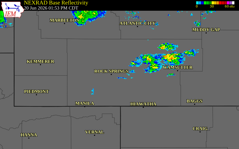 NEXRAD radar during the Saturday, June 20, 2026 storm activity in Sweetwater County, Wyoming