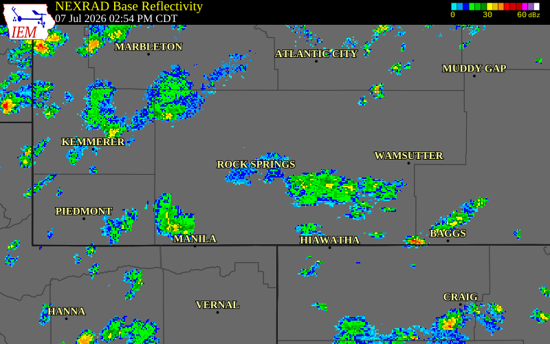 NEXRAD radar during the Tuesday, July 7, 2026 storm activity in Sweetwater County, Wyoming