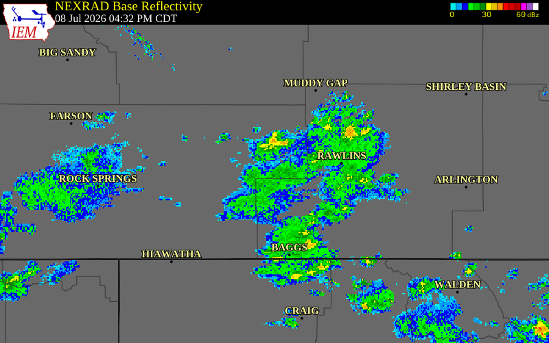 NEXRAD radar during the Wednesday, July 8, 2026 storm activity in Sweetwater County, Wyoming