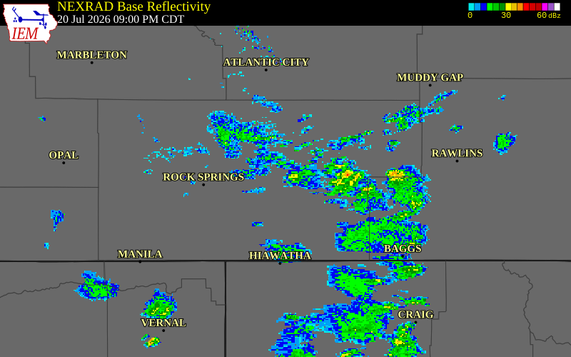 NEXRAD radar during the Monday, July 20, 2026 storm activity in Sweetwater County, Wyoming