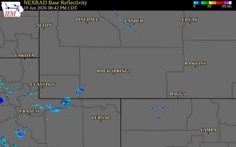 Radar snapshot during the Jul 20, 2026 wind event near 10 E Point of Rocks, Sweetwater County, Wyoming, with NWS warning polygons