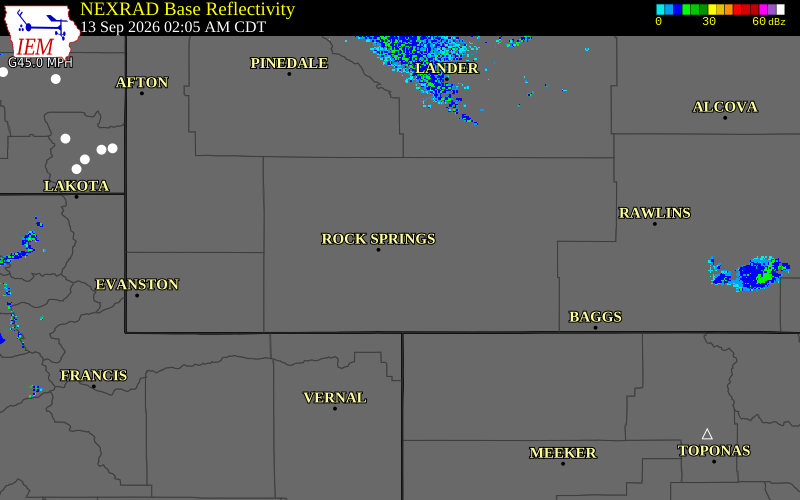 Current NEXRAD radar over Sweetwater County, Wyoming with recent storm report locations