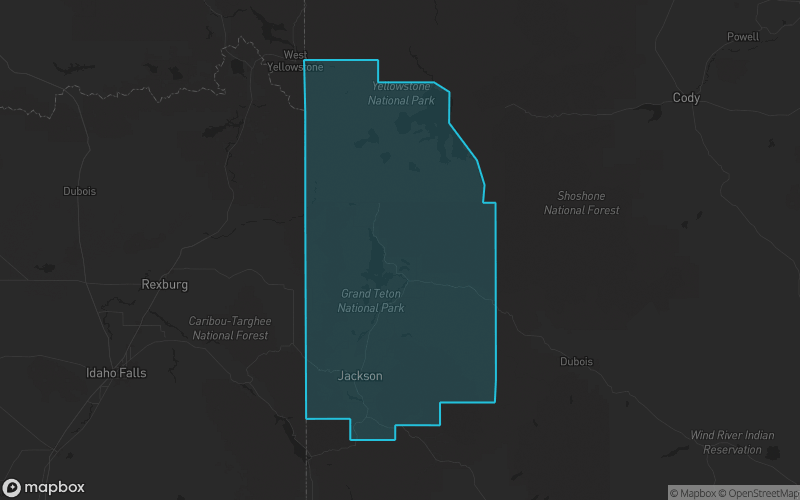 Map of Teton County, Wyoming showing the county boundary and surrounding cities
