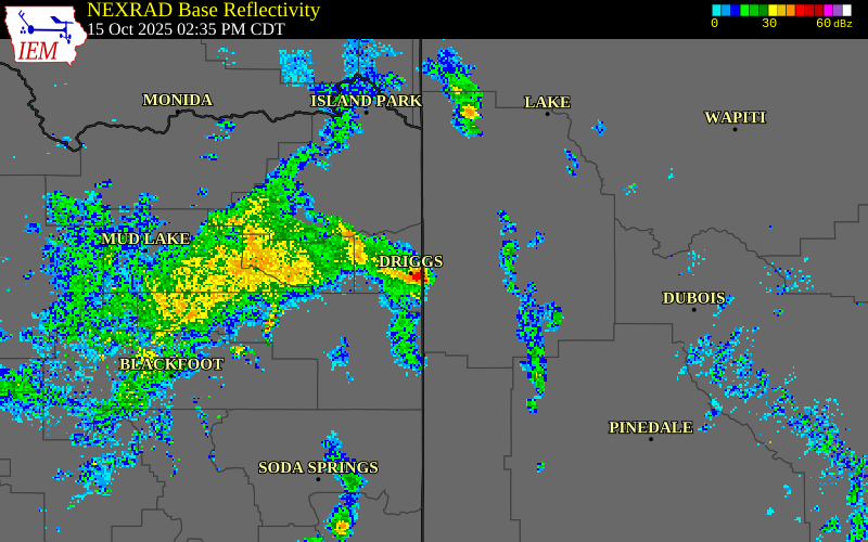 NEXRAD radar during the Wednesday, October 15, 2025 storm activity in Teton County, Wyoming