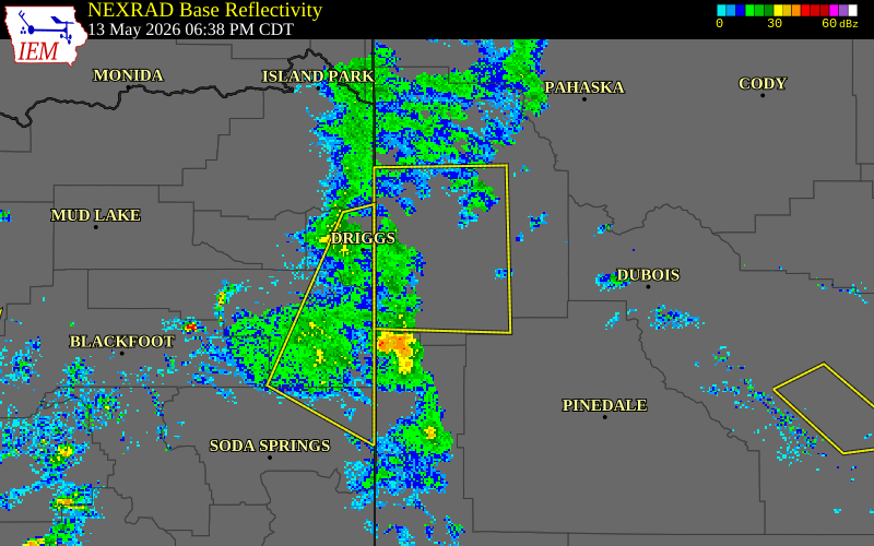 NEXRAD radar during the Wednesday, May 13, 2026 storm activity in Teton County, Wyoming