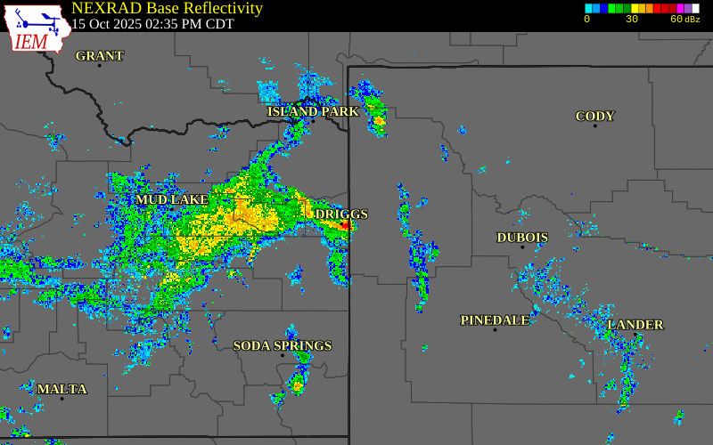 Radar snapshot during the Oct 15, 2025 tornado event near 2 ESE Alta, Teton County, Wyoming, with NWS warning polygons