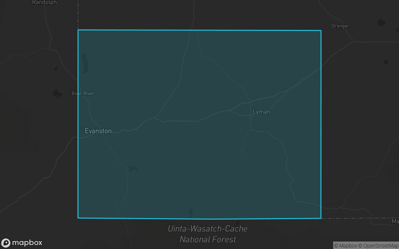 Map of Uinta County, Wyoming showing the county boundary and surrounding cities