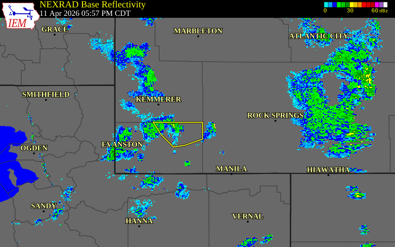 NEXRAD radar during the Saturday, April 11, 2026 storm activity in Uinta County, Wyoming