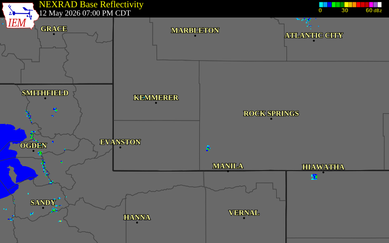 NEXRAD radar during the Tuesday, May 12, 2026 storm activity in Uinta County, Wyoming