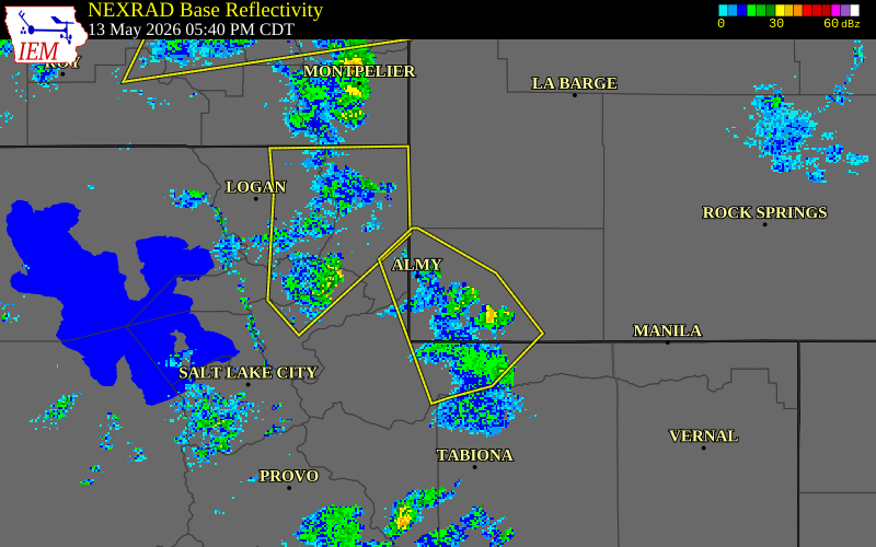 NEXRAD radar during the Wednesday, May 13, 2026 storm activity in Uinta County, Wyoming