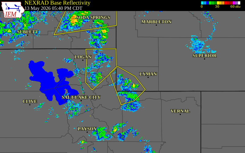 Radar snapshot during the May 13, 2026 wind event near 5 ENE Almy, Uinta County, Wyoming, with NWS warning polygons