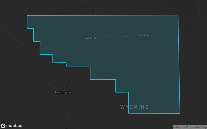 Map of Washakie County, Wyoming showing the county boundary and surrounding cities