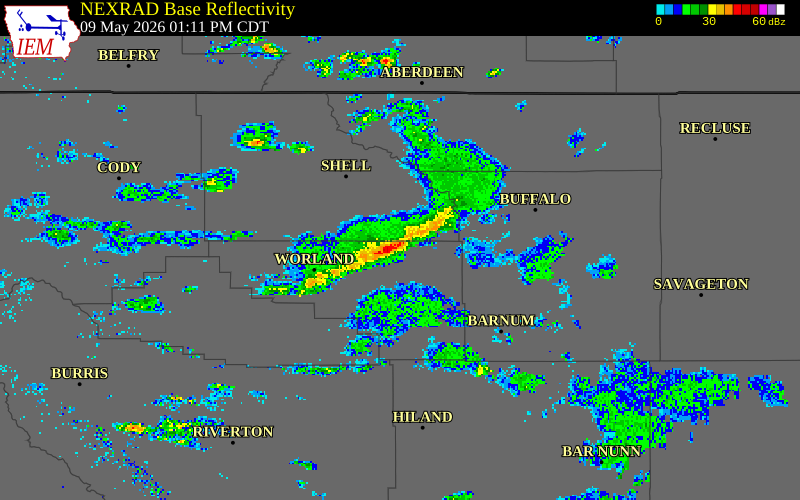 NEXRAD radar during the Saturday, May 9, 2026 storm activity in Washakie County, Wyoming