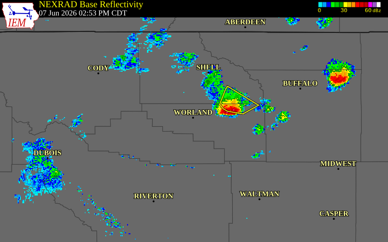 NEXRAD radar during the Sunday, June 7, 2026 storm activity in Washakie County, Wyoming