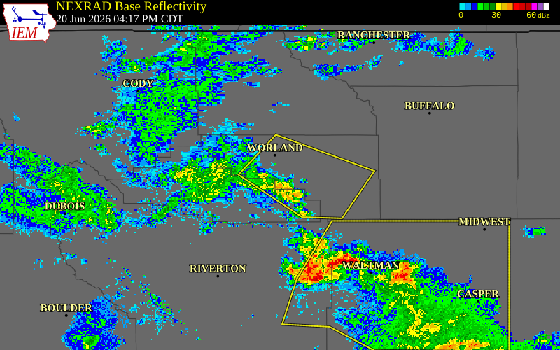 NEXRAD radar during the Saturday, June 20, 2026 storm activity in Washakie County, Wyoming