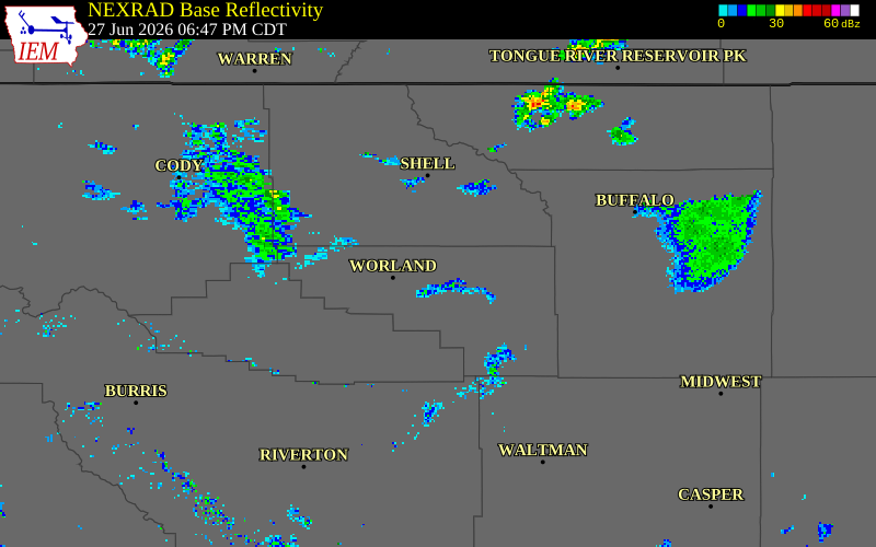 NEXRAD radar during the Saturday, June 27, 2026 storm activity in Washakie County, Wyoming