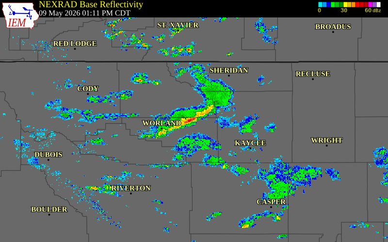 Radar snapshot during the May 9, 2026 tornado event near 6 NNW Ten Sleep, Washakie County, Wyoming, with NWS warning polygons