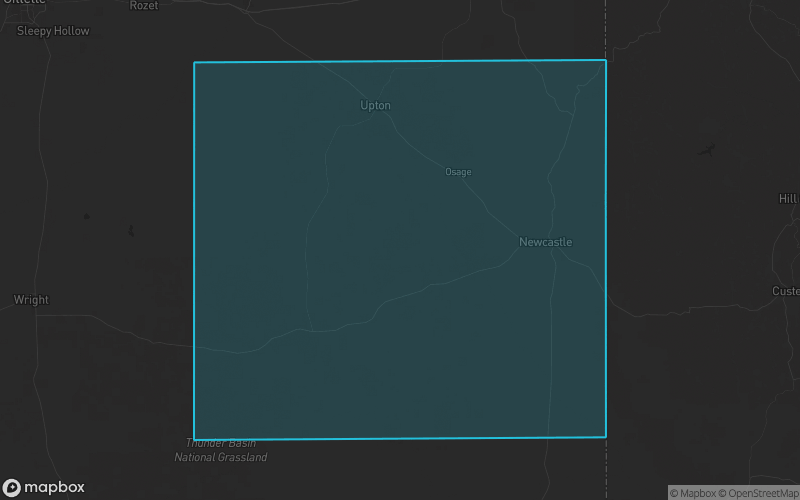 Map of Weston County, Wyoming showing the county boundary and surrounding cities