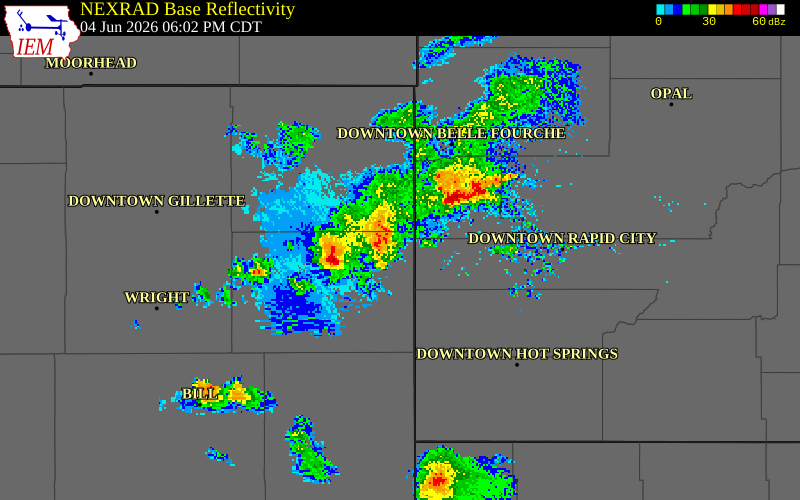 NEXRAD radar during the Thursday, June 4, 2026 storm activity in Weston County, Wyoming