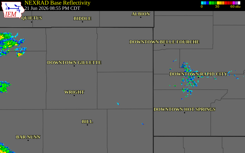 NEXRAD radar during the Sunday, June 21, 2026 storm activity in Weston County, Wyoming