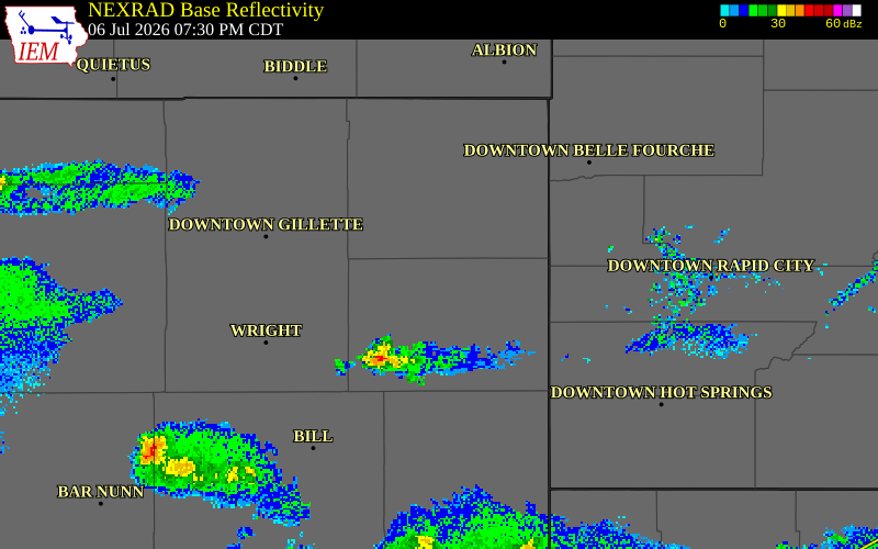 NEXRAD radar during the Monday, July 6, 2026 storm activity in Weston County, Wyoming