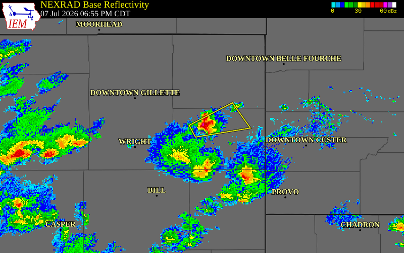 NEXRAD radar during the Tuesday, July 7, 2026 storm activity in Weston County, Wyoming