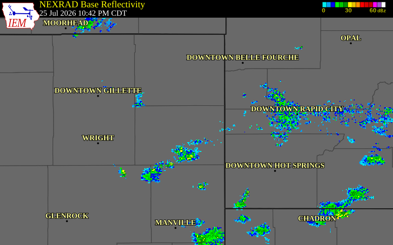 NEXRAD radar during the Saturday, July 25, 2026 storm activity in Weston County, Wyoming