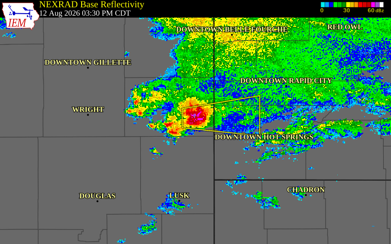 NEXRAD radar during the Wednesday, August 12, 2026 storm activity in Weston County, Wyoming