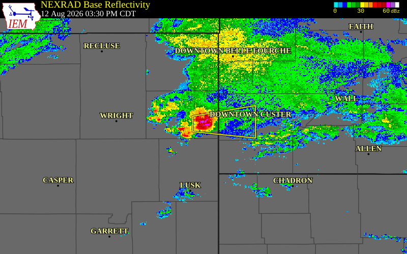 Radar snapshot during the Aug 12, 2026 hail event near 11 NE Morrisey, Weston County, Wyoming, with NWS warning polygons