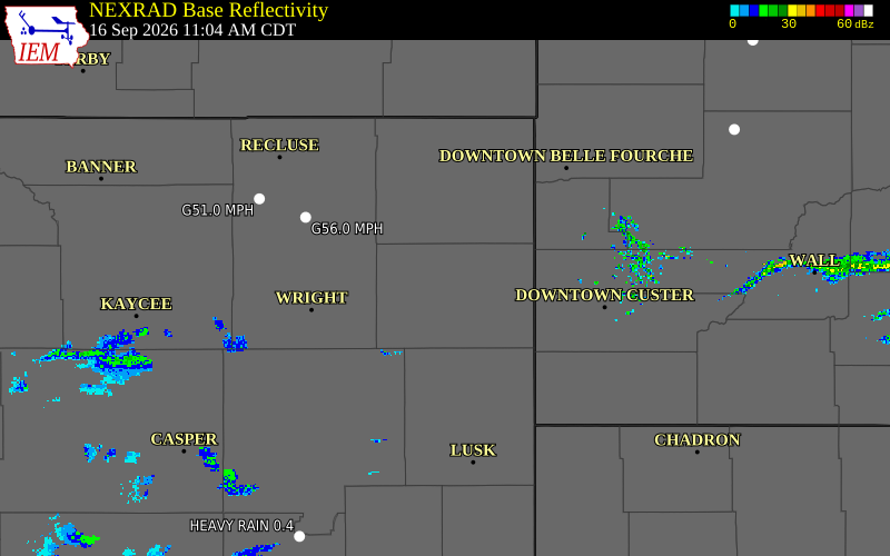 Current NEXRAD radar over Weston County, Wyoming with recent storm report locations